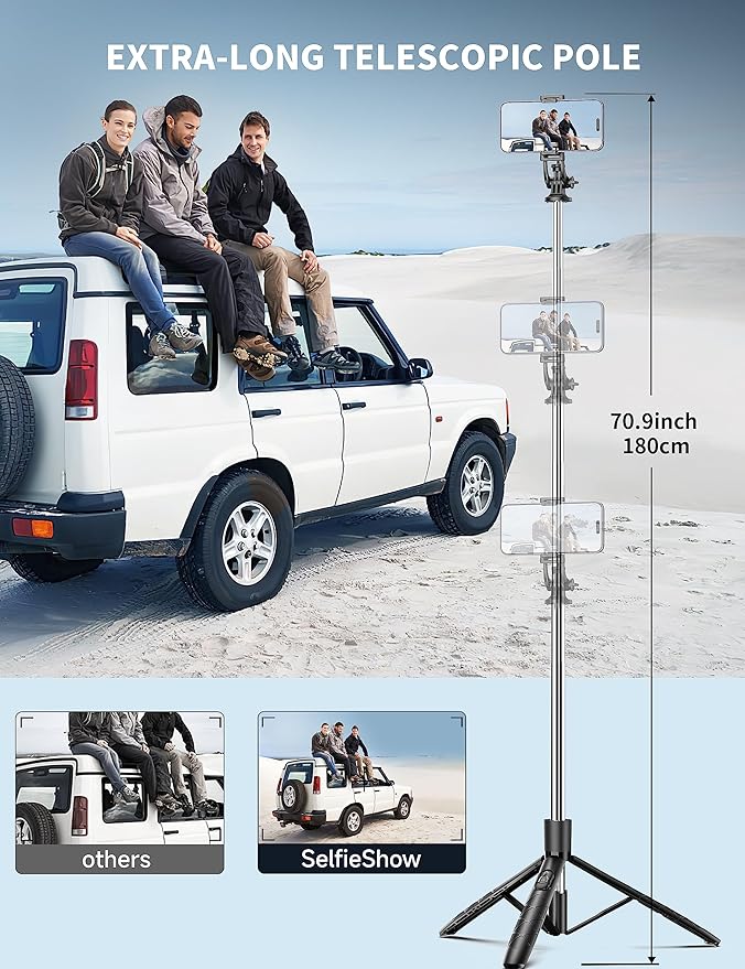 71" Phone Tripod & Selfie Stick, All in One Extendable Cell Phone Tripod with Wireless Remote, Tripods Stand for iPhone & Travel Selfie Stick 360° Rotation Compatible with iPhone Android, Camera - Image 2