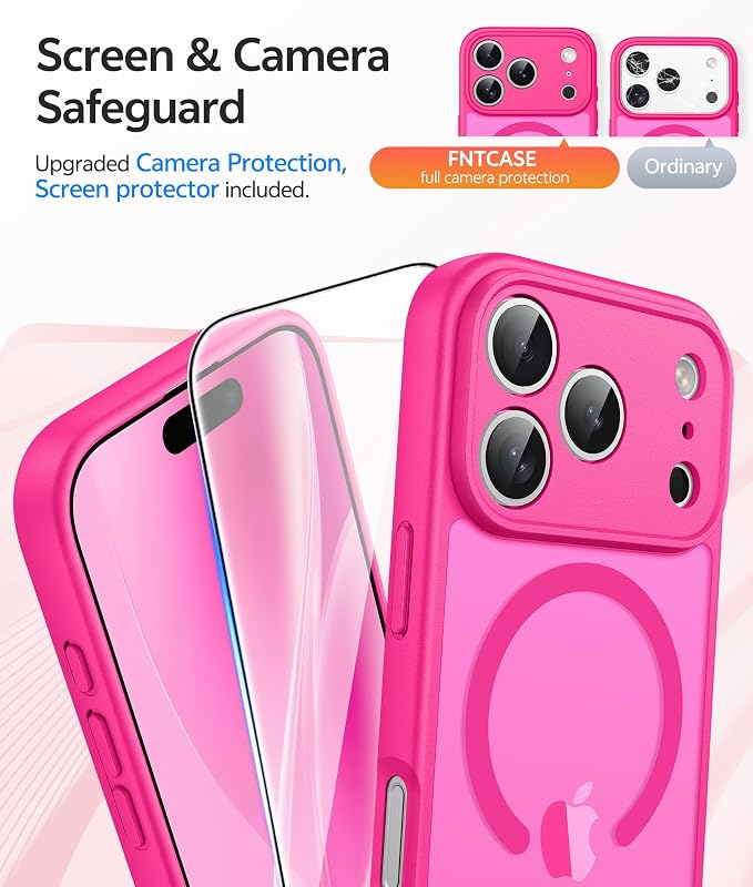 FNTCASE for iPhone 17 Pro Max Case, Fit for Magsafe, Screen Protector | Full Camera Protection, Translucent Matte, 14FT Military Grade Drop Proof, Shockproof Protective Phone Cover, Hot Pink - Image 4