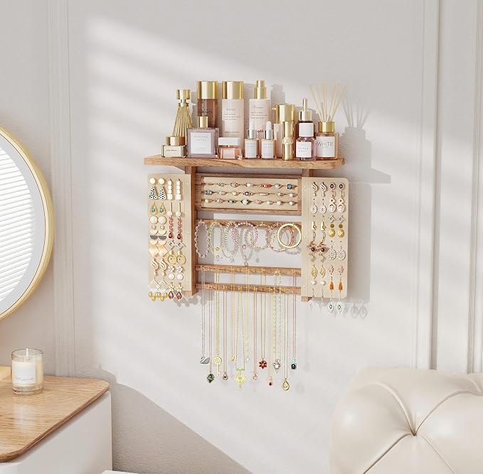 Emfogo Jewelry Organizer Hanging Wall Mounted Jewelry Holder, 5-in-1 Large Capacity Necklace Organizer Display for Ring, Necklaces, Bracelets, Earrings (Rustic Wood) - Image 3