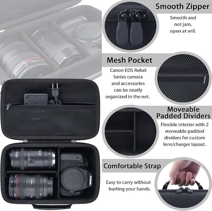 khanka Camera Case for Canon EOS Rebel R6V/T7/T100/T6/R50/R100 | /R5/R7/R8/R6 Mark II/SL3 DSLR Camera,Travel Carrying Case for Canon EOS Rebel Camera and 18-55mm/18-45mm Lens(Case Only) - Image 6