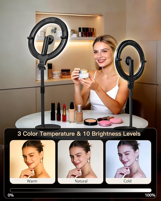 NiceVeedi 10.2” Magnetic Desk Ring Light with Stand, 5000mAh Rechargeable Desktop Ring Light for Phone，3 Color Foldable Selfie Light for Live Stream/Makeup/TikTok/YouTube/Photography/Zoom/Vlogging - Image 5