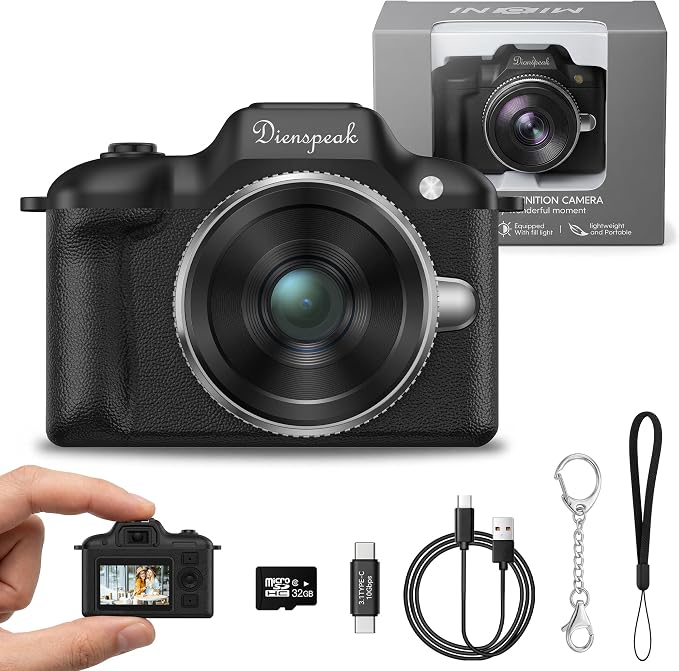 Mini Camera, 1080P HD Retro Keychain Digital Camera for Kids & Adults, Tiny Small Portable Pocket Video Recorder with 32GB Card, Vintage Camcorder for Travel Vlogging Memories, Black by Dienspeak