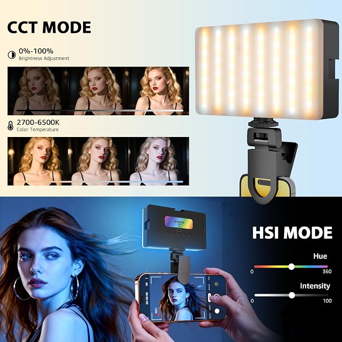 NiceVeedi RGB Selfie Light, 138 LED Beads Phone Light, 360° Full Color Camera Light with Clip and Cold Shoe, CRI95+/180 Minutes Rechargeable Video Light for Video Recording/iPhone/TikTok/Makeup/Zoom - Image 3