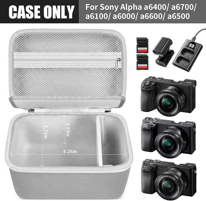 casmilee Camera Case for Sony Alpha ZV-E10 Alpha a6400/ a6700/ a6100/ a6000/ a6600/ a6500 Mirrorless Digital Camera, Hard Travel Bag with a Shoulder Strap for Lens & Accessories (Grey, Large) - Image 2