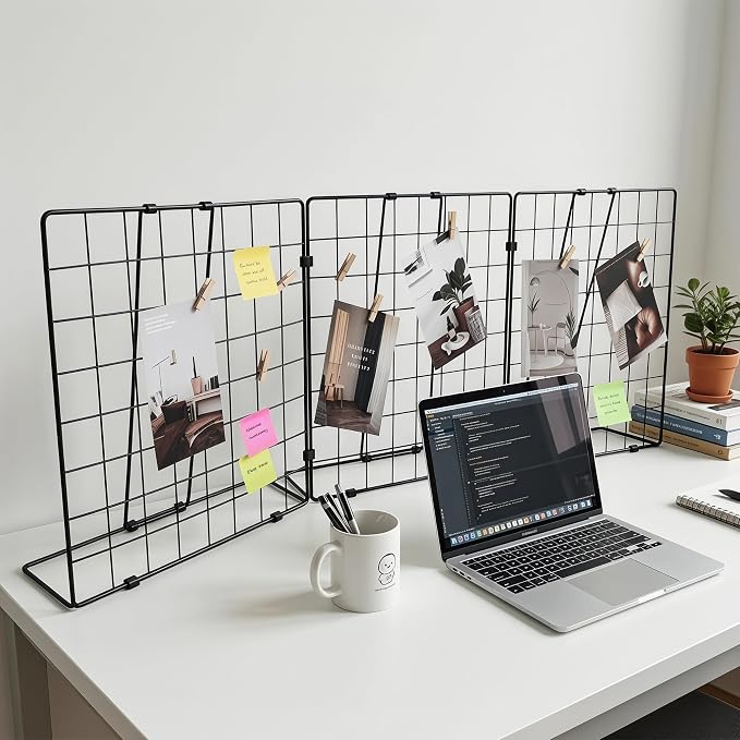 Foldable Desktop Photo Display Rack & Grid Display Board with 20 Wooden Clips – Photo, Accessory & Handcraft Display Organizer for Home Office Black Three-Grid Style - Image 3