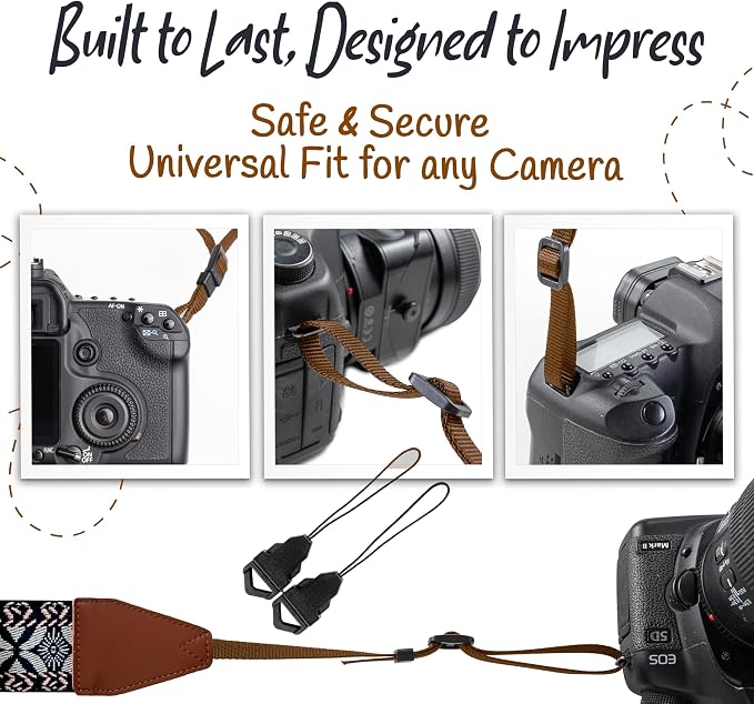 Art Tribute Camera Strap - Shoulder, Crossbody & Neck Camera Strap for Photographers, Fits All Cameras, Canon Nikon Sony Fujifilm, Padded Strap W/Quick Release, Embroidered Cotton & Leather Ends - Image 7