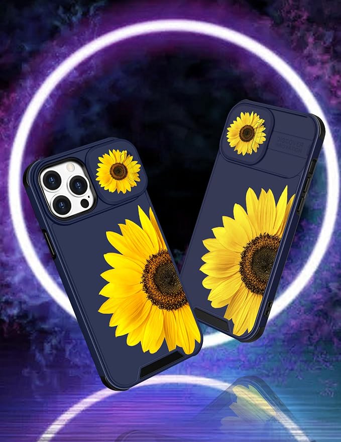 (2in1 for iPhone 15 Pro Max Case Sunflower Floral Women Cute Cover Girly Sun Flowers Pretty Blue Design with Slide Camera Cover Protective Stand Holder for iPhone 15 Pro Max Phone case 6.7'' - Image 4