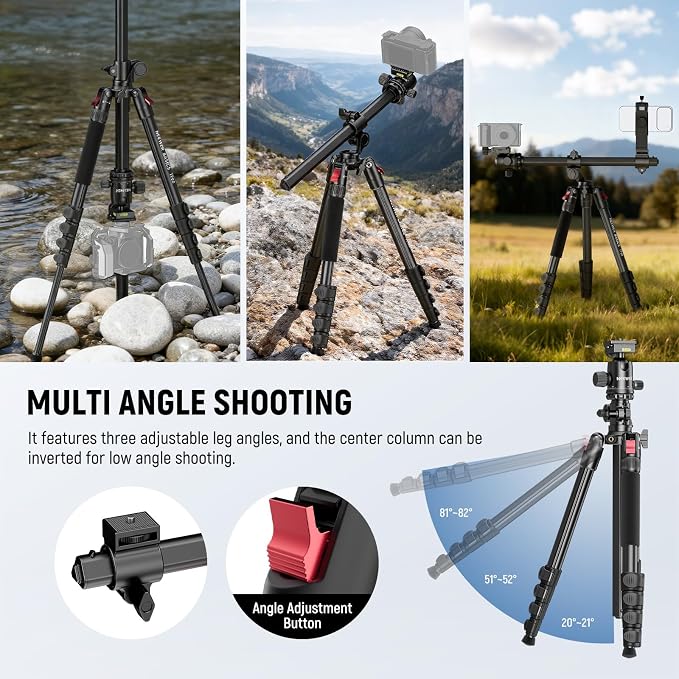 NEEWER Basics 64.5" Horizontal Overhead Tripod Monopod for Dual Camera Aluminum Travel DSLR Camcorder Stand with Cell Phone Holder Compatible with iPhone for Video Recording, 22lb/10kg Load, TP66 - Image 6