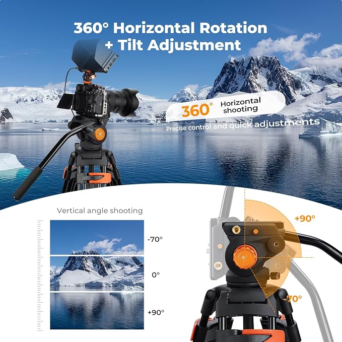 K&F CONCEPT 80" Video Tripod with Fluid Head | Heavy Duty Aluminum Tripod, Smooth Damping, Quick Release Plate for DSLR/Mirrorless/Camcorder, Max Load 17.6lb, VA3+BV70 - Image 5