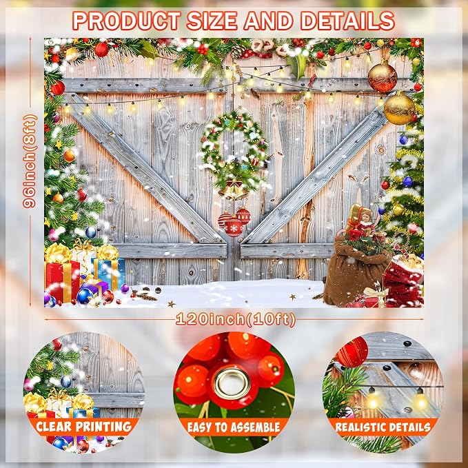 Christmas Photo Backdrop for Photography, 10x8ft | Vinyl Merry Xmas Wall Background for Photoshoot, Red Gift Snow Tree, Rustic Barn Wood Door, for Outdoor, Party Decorations - Image 7