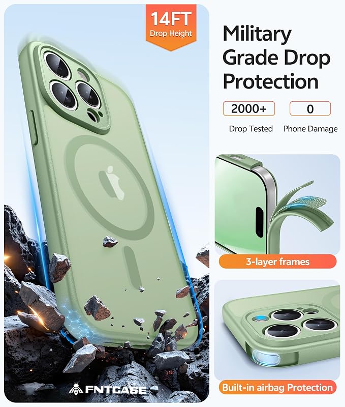 FNTCASE for iPhone 14 Pro Case, Compatible with Magsafe, Screen Protector | Full Camera Protection, Translucent Matte, 14FT Military Grade Drop Proof, Shockproof Protective Phone Cover, Light Moss - Image 5