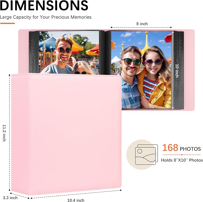 Aevdor 8x10 Photo Album, 168 Photos, Leather Cover, Pink | Large Capacity, Side-Loading Clear Pockets, Vertical 8x10 Layout, Black Inner Pages, Wedding, Travel, Baby & Family Memories - Image 2