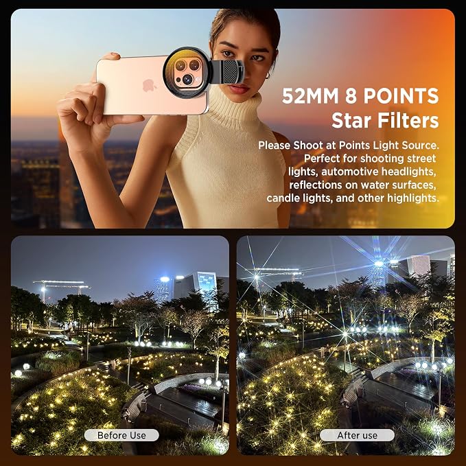8 Points Star Filter,52mm Rotatable Star Lens for iPhone 16/15/14/13 Pro Max Moto Google Samsung TCL Phone, Cross-Screen Sparkle Effect Starburst Filter with Clip,Nightscape - Image 2
