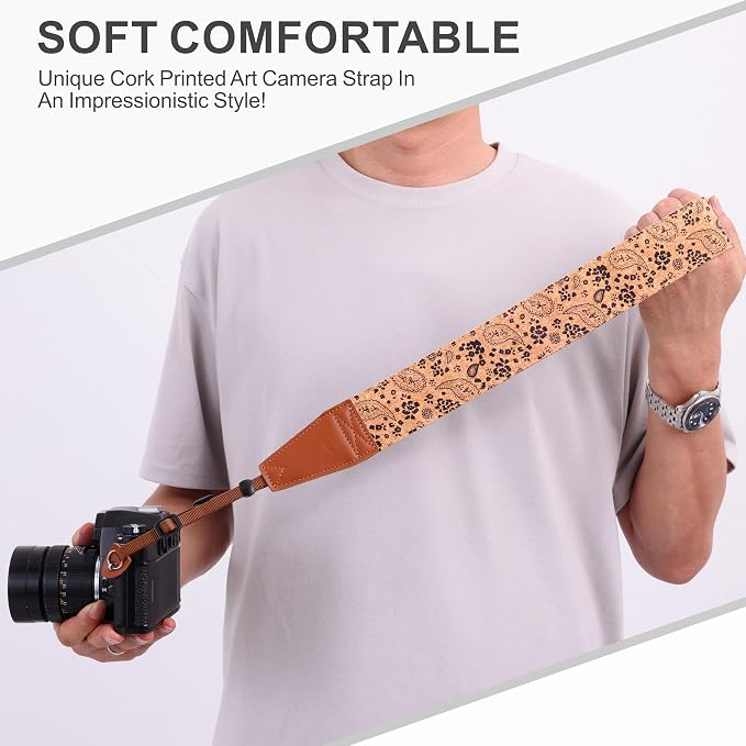 Padwa Lifestyle Cork Camera Strap - 2" Top Layer Cowhide Head Camera Straps for Photographers,Natural Log Crackle Art Print Style,Soft Chamois Velvet Padded Strap Quick Release fits All Cameras - Image 6