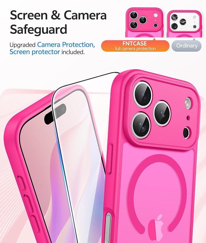 FNTCASE for iPhone 17 Pro Case, Fit for Magsafe, Screen Protector, Hot Pink | Full Camera Protection, Translucent Matte, 14FT Military Grade Drop Proof, Shockproof Protective Phone Cover - Image 4