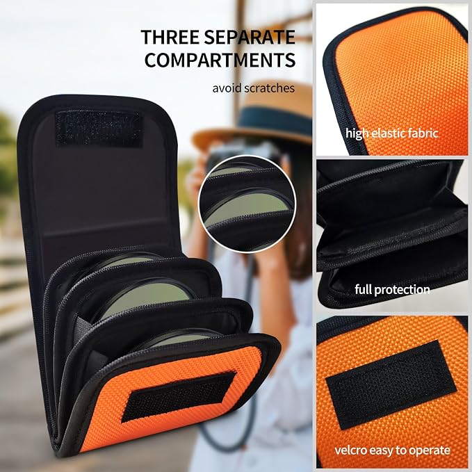 Professional Photography Filter Bag, 3-Pocket Camera Lens Filter Bag Entrainment, Waterproof And Dustproof Anti-Fall Design Suitable for 25mm-58m Filters, Pack of 2 (Orange) - Image 2
