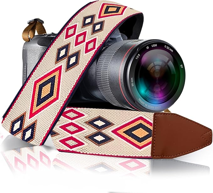 Art Tribute Camera Strap - Shoulder, Crossbody & Neck Camera Strap for Photographers, Fits All Cameras, Canon Nikon Sony Fujifilm, Padded Strap W/Quick Release, Embroidered Cotton & Leather Ends by ArtTribute