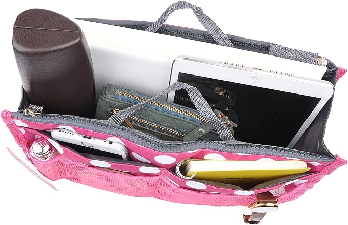 Vercord Purse Organizer Insert for Handbags Bag Organizers Inside Tote Pocketbook Women Nurse Nylon 13 Pockets Rose Dot Large - Image 5