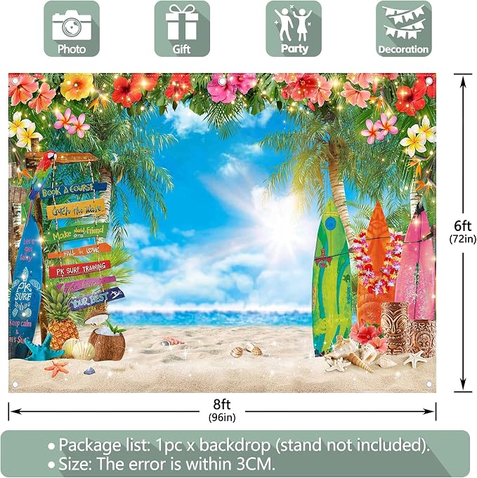8x6ft Summer Hawaiian Beach Photography Tropical Luau Backdrop | Flower Palm Leaves Background, Aloha Party Supplies, Surfboard Banner, Holiday Photo Booth, Polyester, Grommets, 1PC - Image 4