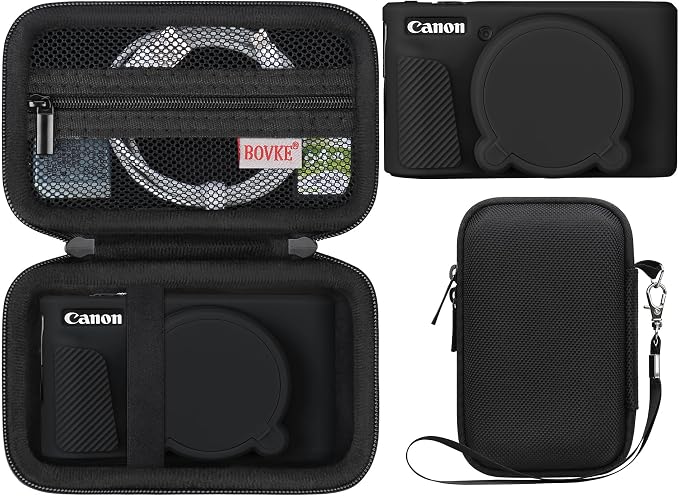 BOVKE Hard Case + Silicone Cover for Canon PowerShot SX740 HS Camera, Black | SX740 SX730 Digital Camera Shockproof EVA Storage Bag & Soft Silicone Protective Case with Removable Lens Cover, Wrist Strap by BOVKE
