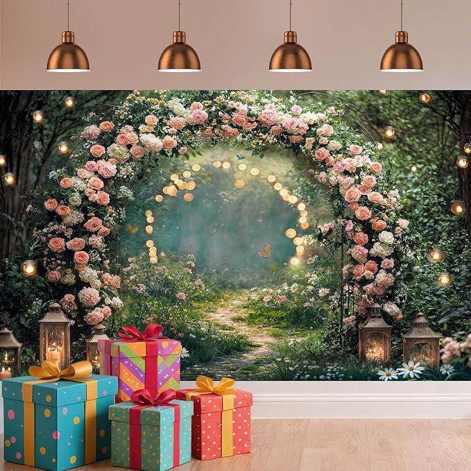 20x10ft Enchanted Forest Wedding Photography Backdrop Wonderland Roses Fairy Tale Backdrop Pink Flower Birthday Newborn Baby Shower Wedding Bridal Party Banner Photo Booth Props Anniversary Background - Image 3