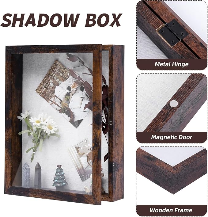 Muzilife 11x14 Shadow Box Picture Frame, 2.16 Deep, HD Glass, Honey Brown | FSC-Wood, Magnetic Door, Linen Interior & Pins, Vertical, Horizontal Wall Hanging, Display Case Frame for Photos & Keepsakes - Image 4