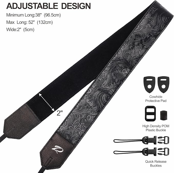 Padwa Lifestyle Camera Strap - 2" Black Faux Leather Carving Camera Straps with Full Grain Leather Ends for Photographers, Vintage Soft Suede Fabric Padded Strap Quick Release fits All Cameras - Image 6