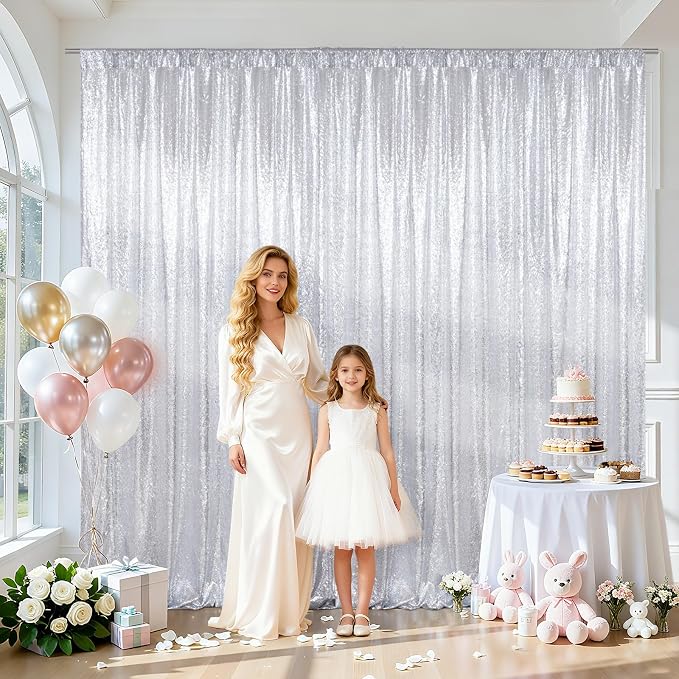 SquarePie 10x10ft Silver Sequin Backdrop, High Density Non-Transparent Glitter Curtain for Photography, Birthday, Wedding Party Decorations, Thick Solid Background with 4" Rod Pocket, 1 Panel - Image 2