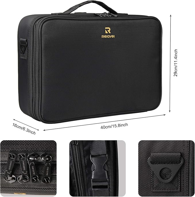 Relavel Travel Makeup Train Case Cosmetic Case Organizer Portable Artist Storage Bag with Adjustable Dividers for Cosmetics Makeup Brushes Toiletry Jewelry Digital Accessories - Image 6