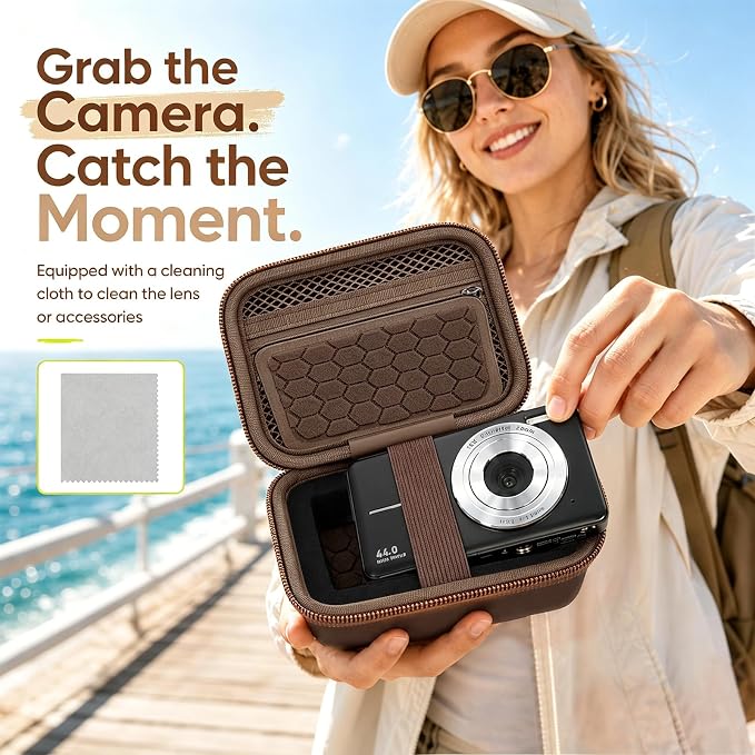 Comecase Camera Case for Kodak PIXPRO FZ55/FZ45, Coffee Brown | Hard EVA Shell, Padded Divider and 2 SD Card Slots Organize a Compact Camera, Charger and Cable for Travel, Case Only - Image 7