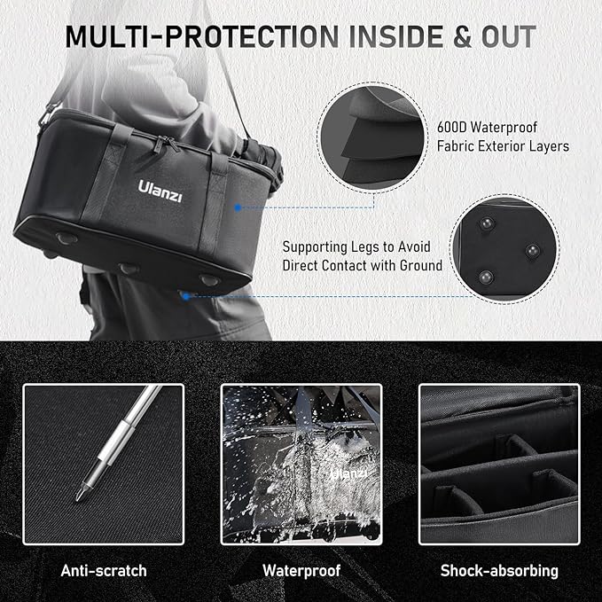 ULANZI Carrying Bag with Movable Foam Padded for Studio Light, Light Stands | Mini Softboxes, Durable Oxford Cloth Transit Bag Travel Case with Shoulder Strap & Handle, 17.13'' x 10.83'' x 8.27'',OM-01 - Image 4