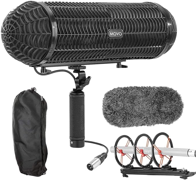 Movo BWS1000 Blimp Wind & Vibration Protection System for Shotgun Microphones - Features 12-point Internal Shockmount, Integrated XLR Cable, Furry Deadcat Windscreen & Grip Handle with Boom Attachment by Movo