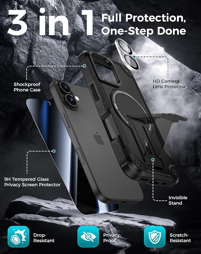 Goton 3 in 1 for iPhone 17 Case with Privacy Screen Protector Black | Glass Camera Lens Protector,Compatible for MagSafe,Invisible Kickstand, Shockproof Phone Cover for iPhone17 - Image 3