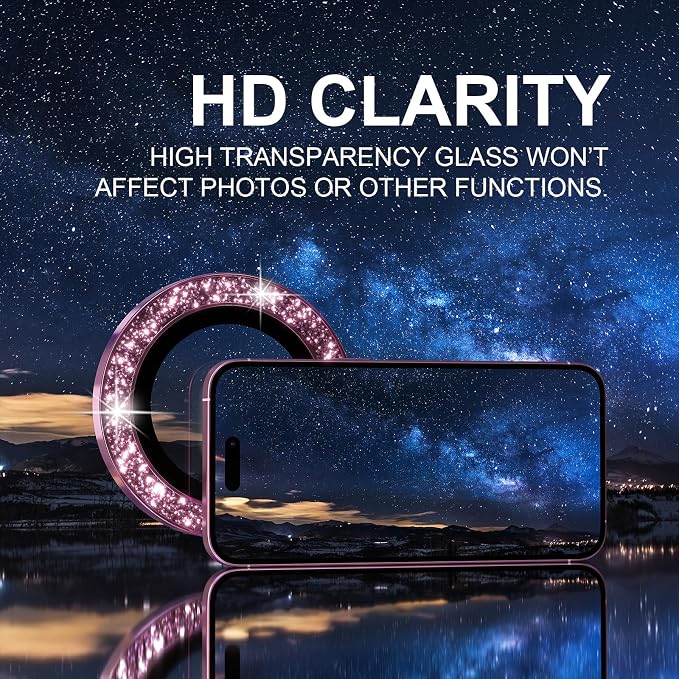 Choiche for iPhone 16/16 Plus Camera Lens Protector Bling, Glitter-Pink | Ultra HD, 9H Tempered Glass Camera Cover Screen Protector Metal Individual Ring Decoration Accessories, 2-Lens, 6.1/6.7-inch - Image 5