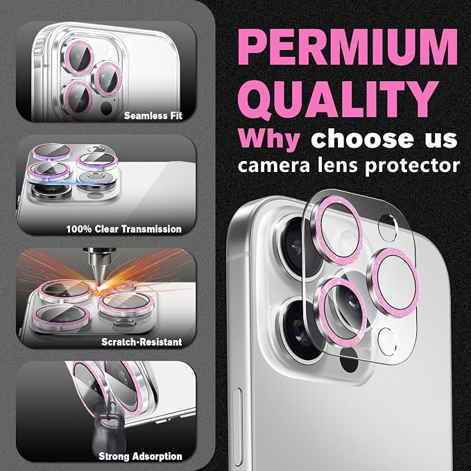 2 Pack for iPhone 16 Pro Max Camera Lens Protector | Bling Tempered Glass 9 Hardness,Anti-Scratch High Definition Camera Screen Protector (Pink) - Image 4