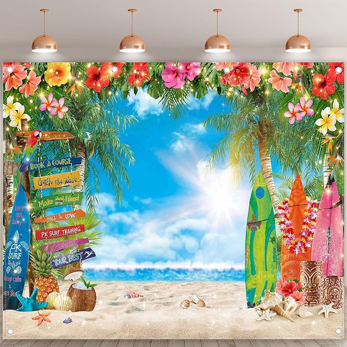 10x8ft Summer Hawaiian Beach Photography Tropical Luau Backdrop | Flower Palm Leaves Background, Aloha Party Supplies, Surfboard Banner, Holiday Photo Booth, Polyester, Grommets, 1PC by YCUCUEIBACKDROP