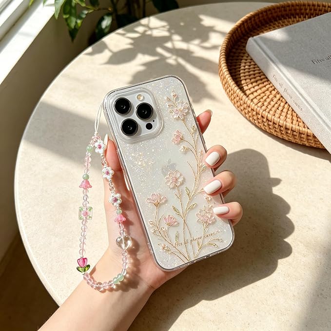 2 Pcs Phone Charm Strap Hand Wrist Strap Camera Lanyard Pearl Beaded Cute Chain String Accessories Universal for iPhone 17 Pro Max 16 15 for Samsung Women Girls Keychain Bag Pink Flower and Bows Heart - Image 4