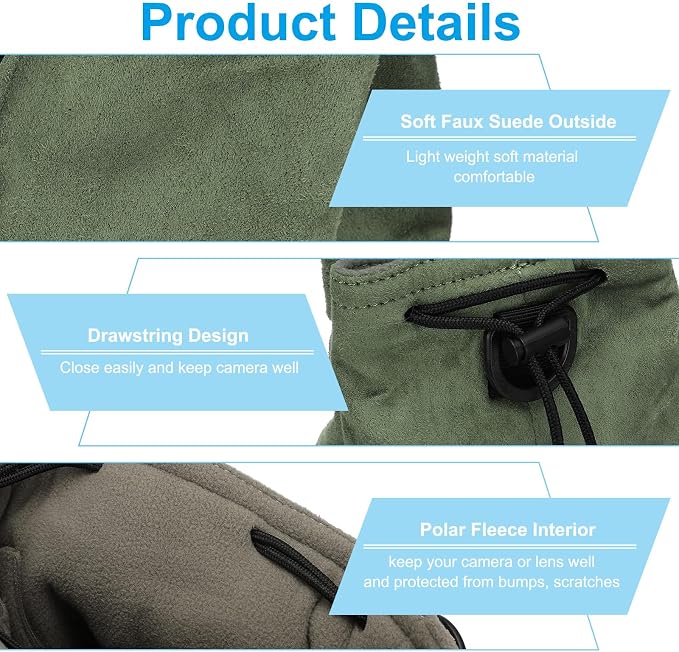 Patikil XL Size Drawstring Lens Case Flannel Camera Handbag with Adjustable Shoulder Strap for DSLR Lens, Green - Image 3