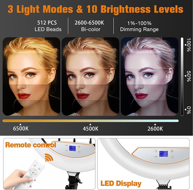 MACTREM Large 22" Ring Light for iPad iPhone with 75" Tripod Stand Barber | LCD Display,2 Usb Ports, Fits Ipad/Tablet 12.9", 2600k-6500k Color Temperature, for Barber/Tattoo Tiktok Video Recording Vlog - Image 3