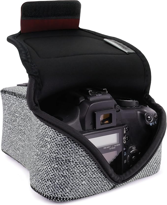 USA Gear Camera Sleeve (Medium) for Compact SLRs Compatible with Canon EOS R100 Nikon Z30 Sony ZV-E10, and more - Padded Neoprene DSLR Case with Zipper Accessory Pocket & Belt Loop (Gray Woven) by USAGEAR