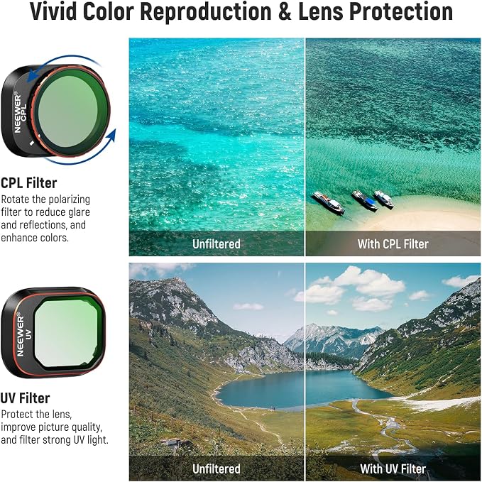 NEEWER Filter Set Compatible with DJI Mini 4 Pro, ND16 ND32 ND64 ND128 ND256 ND512 ND1000 ND16/PL ND32/PL ND64/PL ND128/PL ND256/PL, UV, CPL, LPR, Black Diffusion 1/4 Filter for Mist Cinematic Effect - Image 6
