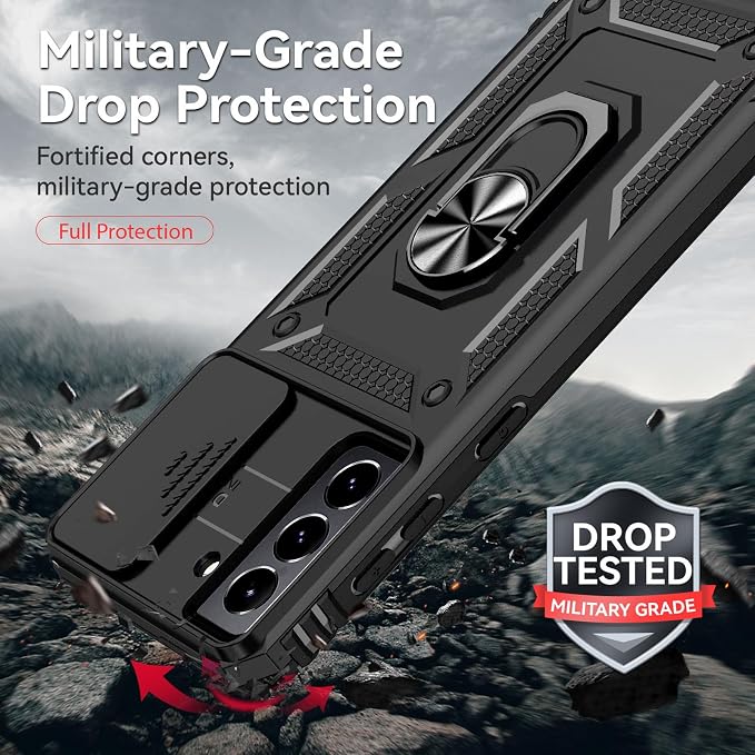 HNHYGETE for Galaxy S21 Case with Screen Protector: [Military Grade 20ft. Drop Tested] Ring Shockproof Protective Phone Case for - Samsung Galaxy S21 (Black) - Image 3