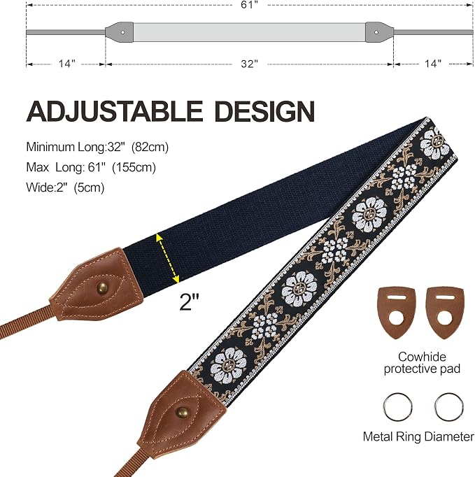 Padwa Lifestyle 2" Wide Classic Crazy Horse Art Cowhide Head Cotton Camera Straps for Photographers - Image 6