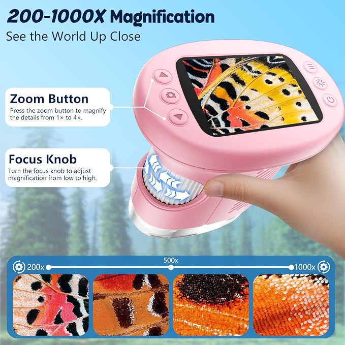 Odatay 4K 1000X Digital Microscope for Kids with Long Distance Viewing & 2.4" Screen, Portable Handheld Edu Toys for Kids Exploring Bugs Plants at Home Classroom & Outdoor Travel, Bright Pink - Image 5