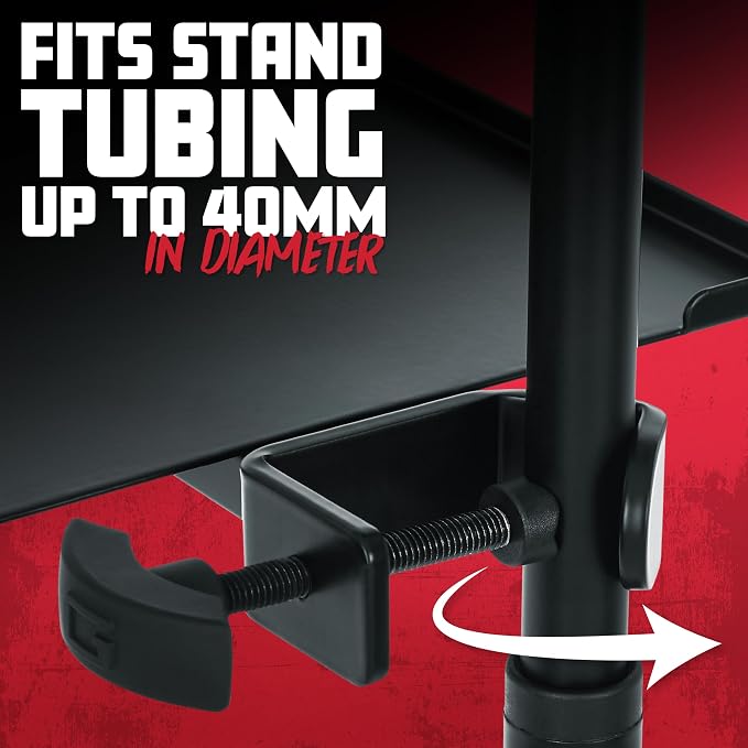 Gator Frameworks Microphone Stand Utility Shelf; 9" x 9" (GFW-SHELF0909) | Steel Tray Secures Accessories with Raised Edges and Clamps to Most Mic Stands 10 lb Weight Capacity - Image 3