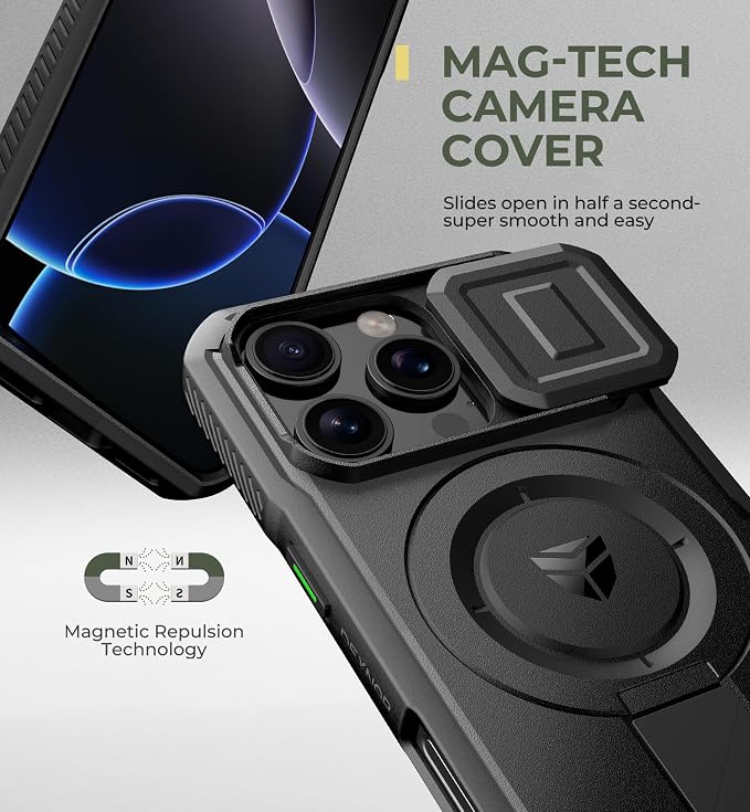 Dexnor for iPhone 16 Pro Case with Slide Camera Cover & Adjustable Kickstand, Magnetic Rugged Shockproof Bumper Cases Heavy-Duty Mangetic Protective Cover,Black - Image 4
