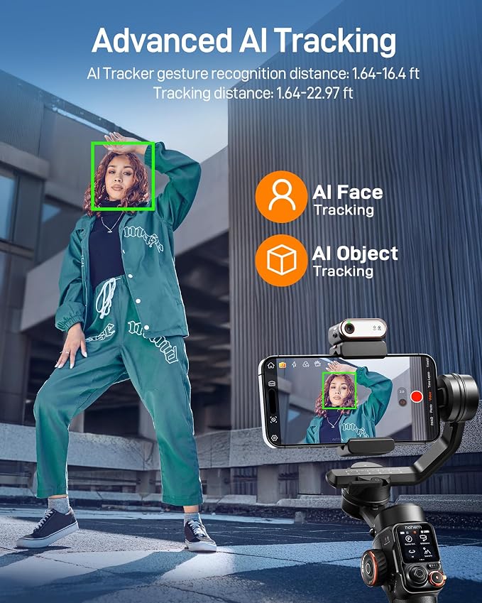 hohem iSteady M7 Gimbal Stabilizer for iPhone & Android, 3-Axis Gimbal | Magnetic AI Tracker, iSteady 9.0, 7.6" Rod, RGB Fill Light, 12H Battery, AI Live Feed Monitoring, Touchscreen Remote - Image 3