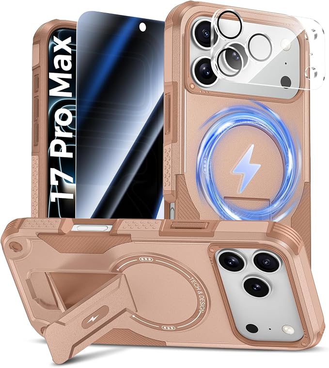 Goton 3 in 1 for iPhone 17 Pro Max Case with Privacy Screen Protector | Glass Camera Lens Protector,Compatible for MagSafe,Invisible Kickstand, Shockproof Phone Cover for iPhone 17 Promax by Goton