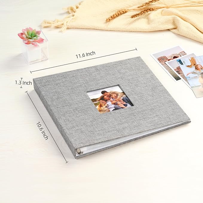 Mublalbum 10x10 Inch 3 Ring DIY Scrapbook Photo Album 40 Pages, Grey | 3 Ring Binder Scrapbook, Linen Cover, 20 Plastic Sleeves 40 Pages, Memory Book for Wedding, Baby, Family, DIY Projects - Image 2