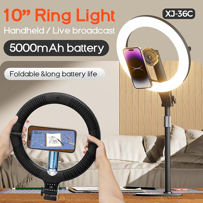 10" Magnetic Ring Light Overhead Camera Phone Mount, XINBAOHONG LED Selfie Light with Stand and Phone Holder, Rechargeable Desk Light for Video Recording（Standing） - Image 2